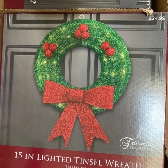 15in Christmas Holiday Lighted Tinsel Wreath Set Of 2 - Picture 2 of 2